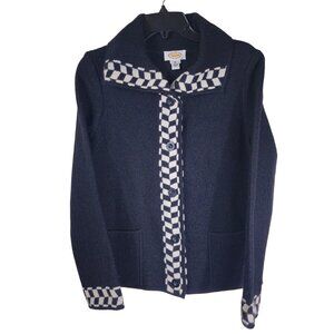 VTG Talbots Wool Cardigan Sweater M Black White Checkered Trim Shawl Collar